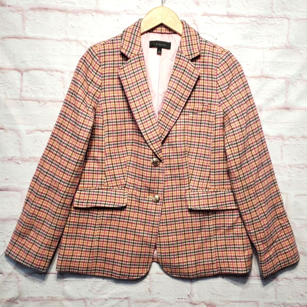 Talbots Jacket Womens 6 Pink Plaid Wool Blend Tweed Blazer Classic Preppy Spring